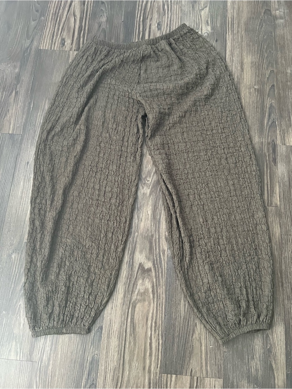 Zara Green Textured Elastic Waist Pants with Elastic Ankles